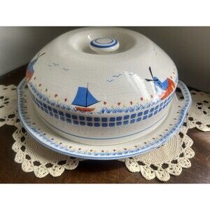 RARE Vtg Japan Blue Mill Ceramic Covered Dish With Windmills , Tulips, Sailboats